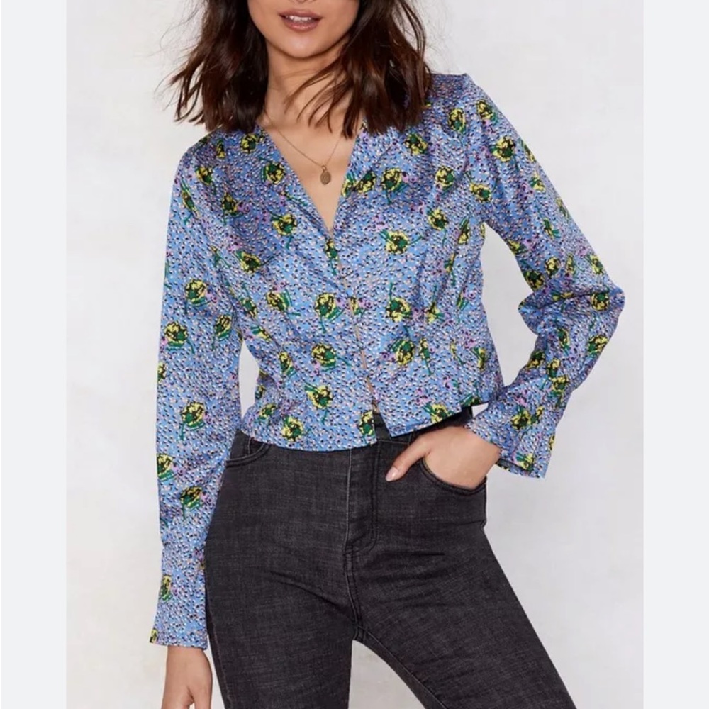 Floral and polka dot button down blouse